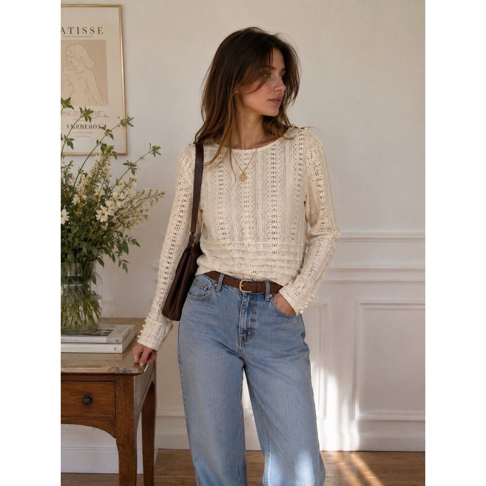 Sezane Marta Lace Blouse FR 38 US 6 Ecru Cotton Crochet Pearl Button Boho French
